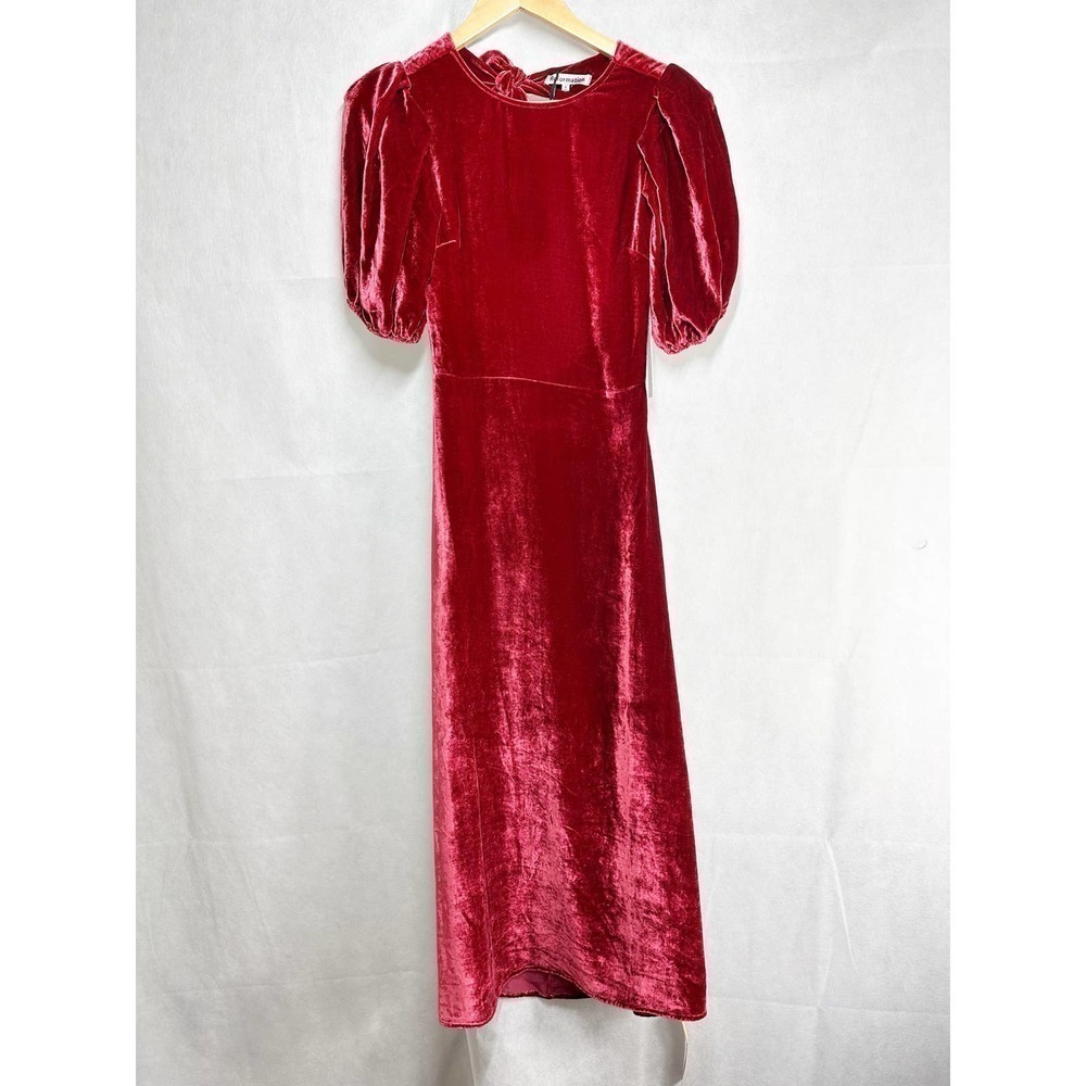 REFORMATION Livia Velvet Silk Dress Puff Sleeves Crimson Red Size 0
